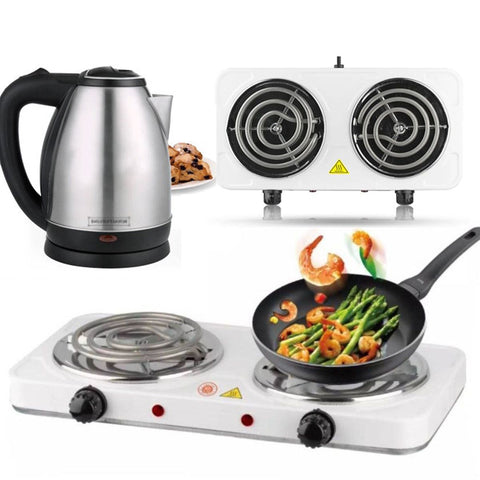 Electric Stove Two Cooking Plates Double Burner Cooker Multifunctional 2000 W + Export Quality Electric Kettle Water Boiler Stainless Steel body Portable Kitchen Appliances