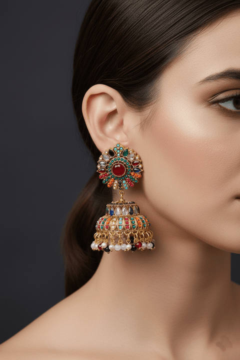 Ethnic Jhumkay with Sparkling Crystal Latkans