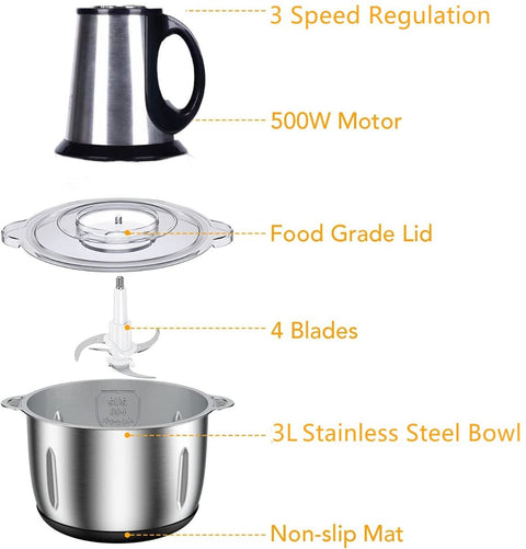 3Speeds Electric Meat Grinder Large Stainless Steel Meat Mincer 3L Food Processor Household Electric Chopper